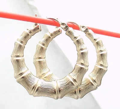 Pre-owned Bestgoldshop 1" Cute Graduated Bamboo Hoop Earrings Real 10k Yellow Gold Great Details