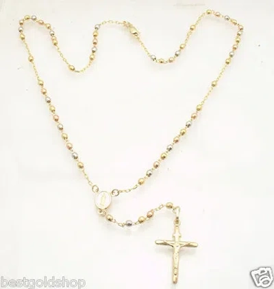 Pre-owned Bestgoldshop 17" 3mm Rosary Chain Medallion Cross Crucifix Necklace Real 10k Tri-color Gold