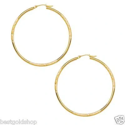 Pre-owned Bestgoldshop 2" 50mm Large Diamond Cut Hoop Earrings Real 10k Yellow Gold 2mm Free Shipping