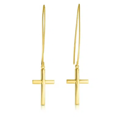 Pre-owned Bestgoldshop 2" Long All Shiny Dangling Cross Drop Earrings Wire Hook Real 14k Yellow Gold