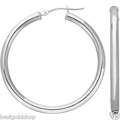 Pre-owned Bestgoldshop 3mm X 40mm 1.5" All Shiny Polished Hoop Earrings Real 14k White Gold 2.9gr In Light Gray