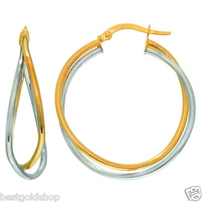 Pre-owned Bestgoldshop Chris Cross Double Row Hoop Earrings Real 14k Yellow White Twotone Gold
