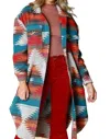 Bestto Aztec Pattern Long Jacket In Rust/ Turquoise In Multi