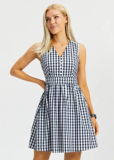 Betabrand Gingham Fit And Flare Dress In Blue