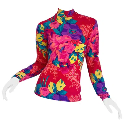 Pre-owned Betsey Johnson 1980s  Punk Label Flower Print Long Sleeve Vintage 80s Top In Red