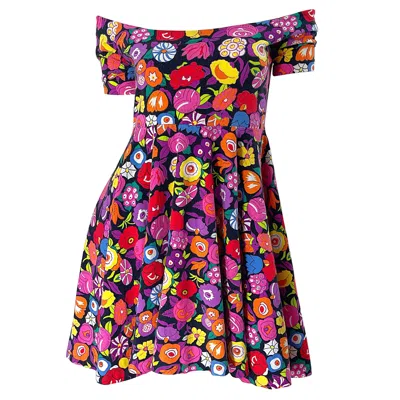 Pre-owned Betsey Johnson 1980s  Punk Label Off Shoulder Bright Flower 80s Mini Dress Rare In Pink