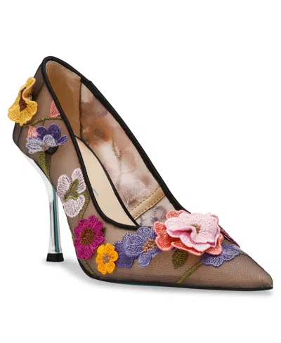 Betsey Johnson Aimey Floral Applique Mesh Kitten Heel Pumps In Black Floral