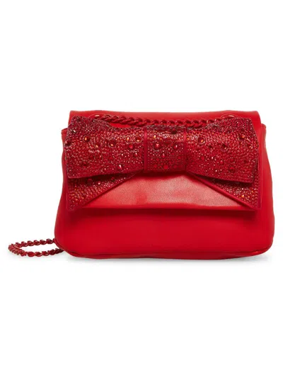 Betsey Johnson All That Shimmers Bow Womens Faux Leather Embellished Shoulder Handbag In Red