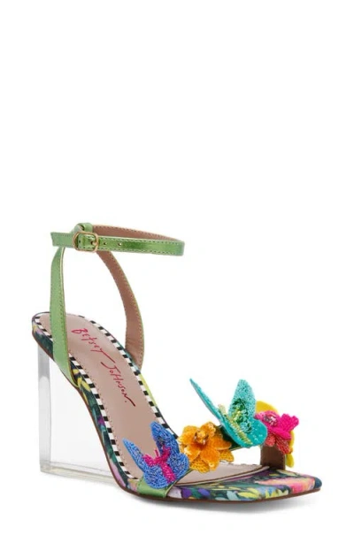Betsey Johnson Apolo Ankle Strap Wedge Sandal In Black/aqua Multi