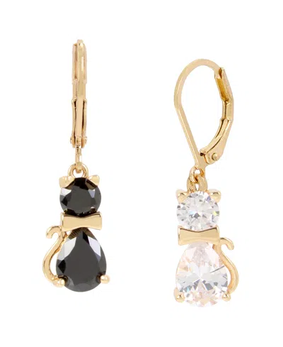 Betsey Johnson Black & White Cubic Zirconia Cat Drop Earrings In Gold