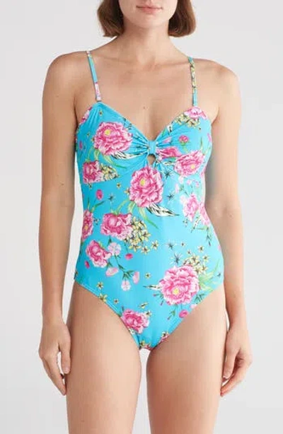 Betsey Johnson Bow Keyhole One-piece Swimsuit In Sky Peony