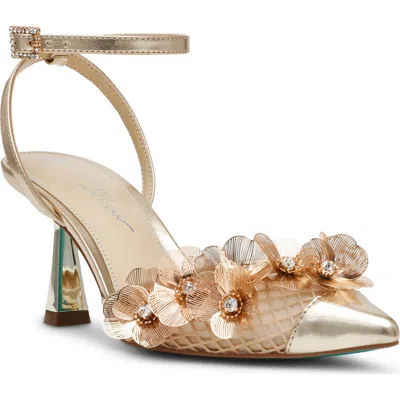 Betsey Johnson Carli Ankle Strap Pointed Cap Toe Pump In Gold