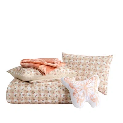 Betsey Johnson Ditsy Floral Gingham Orange Reversible Comforter Bonus Set In Neutral