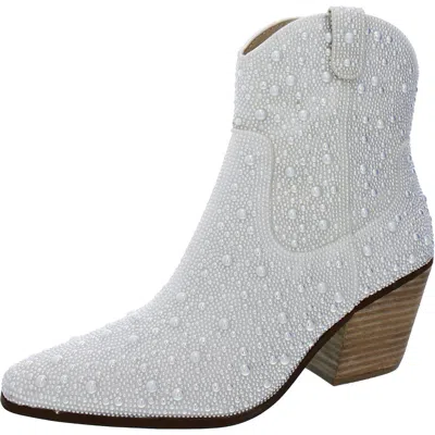 Betsey Johnson Diva Womens Glass Stones Zipper Cowboy, Western Boots In Beige