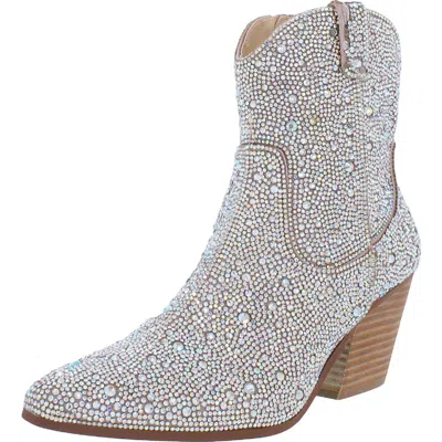 Betsey Johnson Diva Womens Glass Stones Zipper Cowboy, Western Boots In Silver