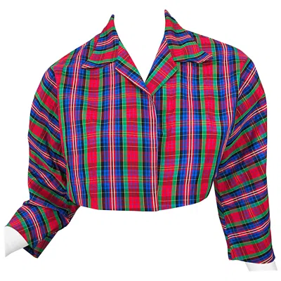 Pre-owned Betsey Johnson Early 1990s  Red Blue Green Taffeta Plaid Vintage Cropped Jacket