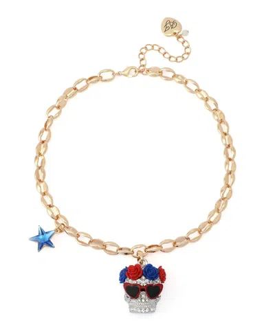 Betsey Johnson Faux Stone Americana Skull Pendant Necklace In Gold