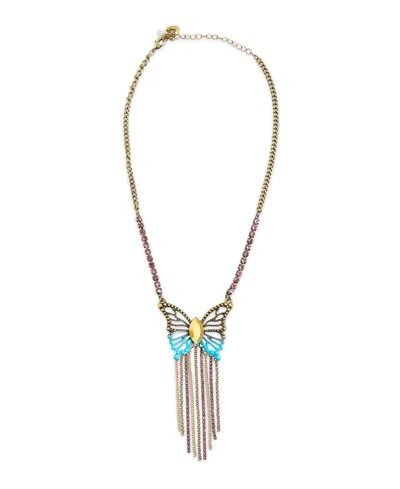 Betsey Johnson Faux Stone Boho Butterfly Fringe Pendant Necklace In Gold