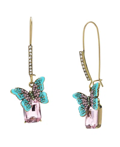 Betsey Johnson Faux Stone Boho Butterfly Gem Dangle Earrings In Multi,antique Brass