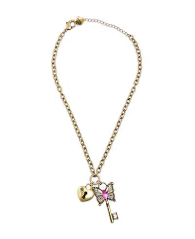 Betsey Johnson Faux Stone Boho Butterfly Key Charm Pendant Necklace In Gold