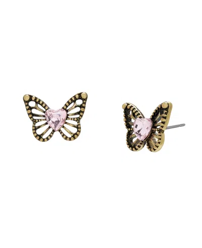 Betsey Johnson Faux Stone Boho Butterfly Openwork Stud Earrings In Gold