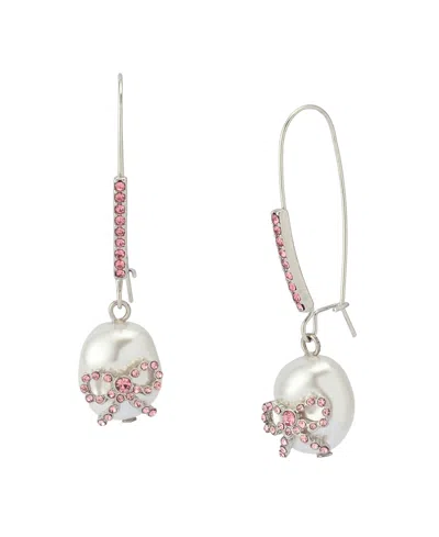 Betsey Johnson Faux Stone Bow Cultivated Pearl Dangle Earrings In White