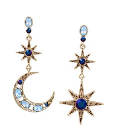 Betsey Johnson Faux Stone Celestial Mismatch Drop Earrings In Blue,gold