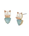 Betsey Johnson Faux Stone Cultivated Pearl Cat Two-step Stud Earrings In Pearl,gold
