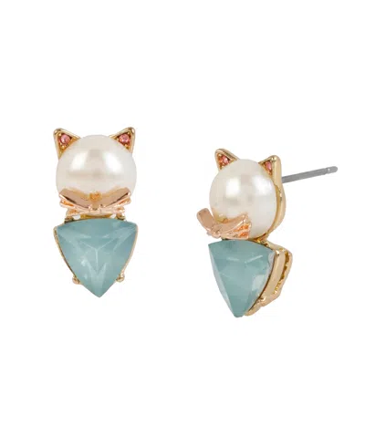 Betsey Johnson Faux Stone Cultivated Pearl Cat Two-step Stud Earrings In Pearl,gold