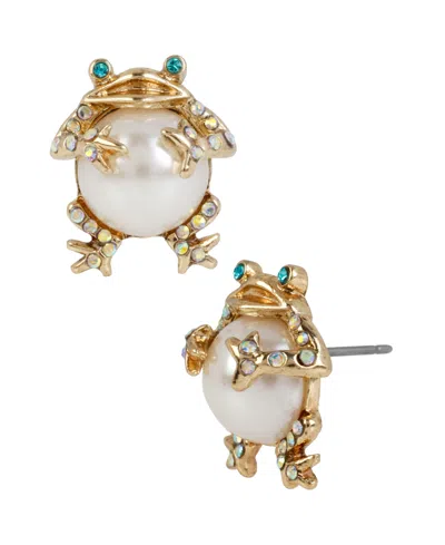 Betsey Johnson Faux Stone Cultivated Pearl Frog Stud Earrings In Pearl,gold