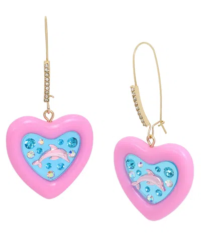 Betsey Johnson Faux Stone Dolphin Heart Dangle Earrings In Pink