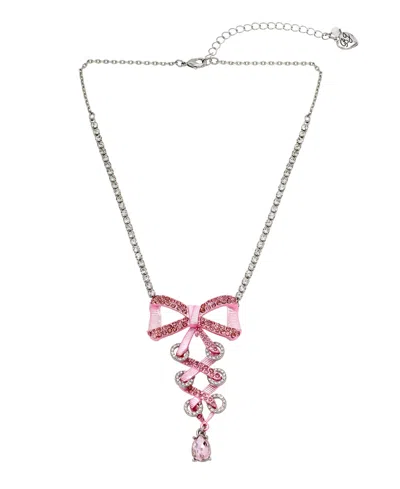 Betsey Johnson Faux Stone Fancy Bow Corset Pendant Necklace In Pink,hematite