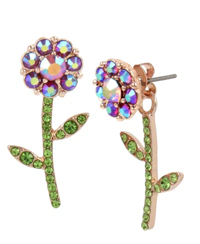 Betsey Johnson Faux Stone Flower Earrings In Purple,rose Gold