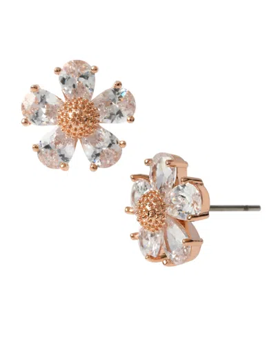Betsey Johnson Faux Stone Flower Stud Earrings In Crystal,rose Gold