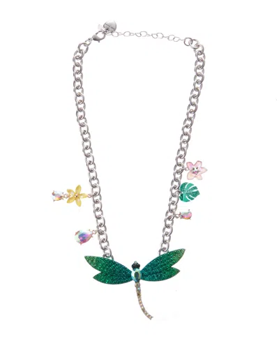Betsey Johnson Faux Stone Garden Glam Dragonfly Bib Necklace In Blue,rhodium