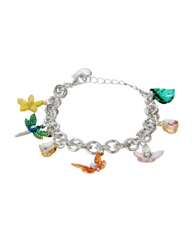 Betsey Johnson Faux Stone Garden Glam Dragonfly Charm Bracelet In Multi,rhodium
