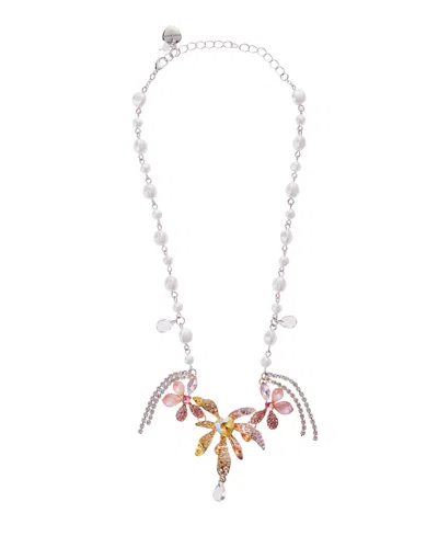 Betsey Johnson Faux Stone Garden Glam Floral Cultivated Pearl Bib Necklace In Pearl,rhodium
