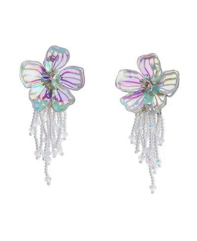 Betsey Johnson Faux Stone Garden Glam Flower Fringe Drop Earrings In Crystal,rhodium