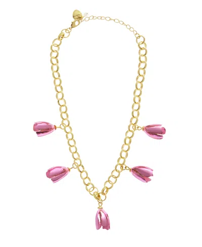 Betsey Johnson Faux Stone Garden Glam Statement Tulip Bib Necklace In Pink,gold