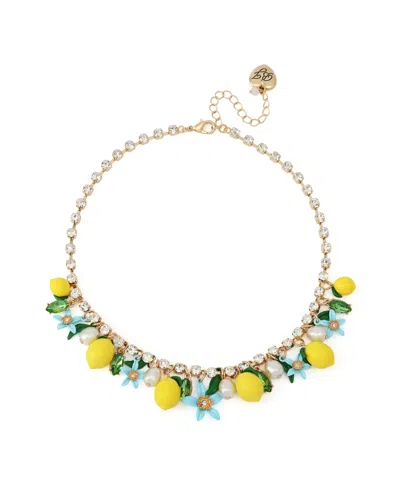 Betsey Johnson Faux Stone Girl Dinner Shaky Lemon Charm Bib Necklace In Multi