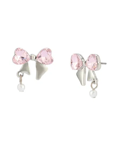 Betsey Johnson Faux Stone Heart Bow Cultivated Pearl Stud Earrings In Pink