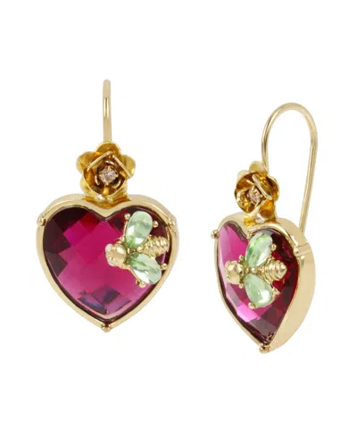 Betsey Johnson Faux Stone Heart Critter Dangle Earrings In Pink,gold
