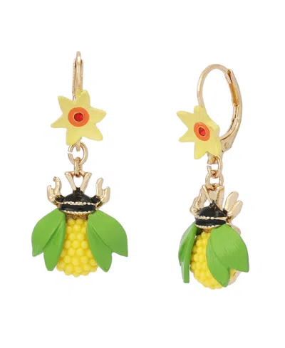 Betsey Johnson Faux Stone Hothouse Bloom Bee Drop Earrings In Gold
