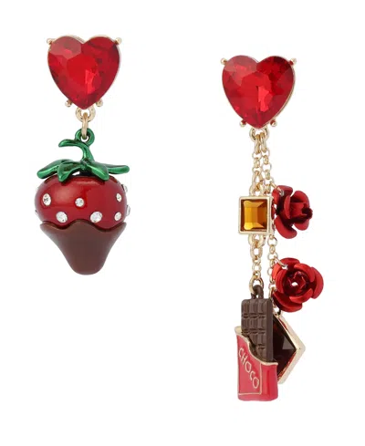 Betsey Johnson Faux Stone Love Spell Chocolate Strawberry Mismatch Earrings In Multi