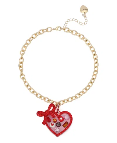 Betsey Johnson Faux Stone Love Spell Heart Chocolate Box Pendant Necklace In Multi