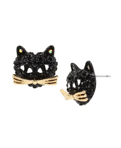 Betsey Johnson Faux Stone Pave Cat Stud Earrings In Black,hematite