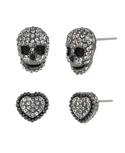 Betsey Johnson Faux Stone Pave Heart Skull Duo Stud Earring Set In Crystal,hematite