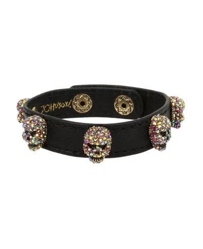 Betsey Johnson Faux Stone Pave Skull Leather Snap Bracelet In Black,multi