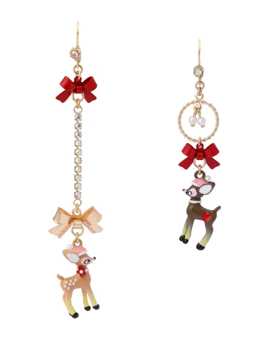 Betsey Johnson Faux Stone Santa Baby Reindeer Bow Drop Earrings In Multi