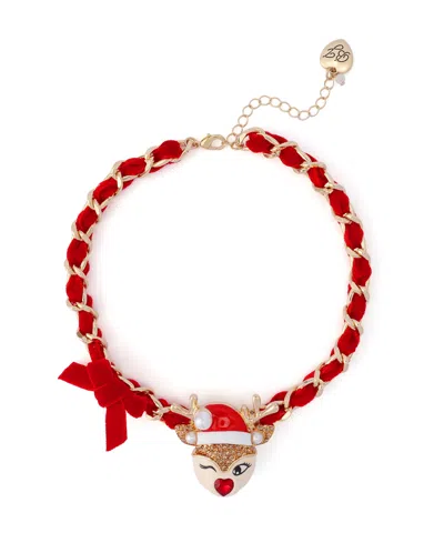 Betsey Johnson Faux Stone Santa Baby Reindeer Bow Pendant Necklace In Red